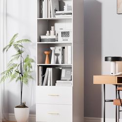 74.1'' Bookshelf,Tall Bookcase with Drawers, 4-Tier Open Bookshelf with Adjustable Storage Shelves,23.6 Inches Wide Floor Standing Bookcase