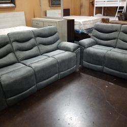 Gray fabric reclining sofa love and chair