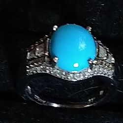 SLEEPING BEAUTY TURQUOISE /*RARE*/ DIAMONDS  STERLING SILVER RING. SIZE 9./ (R-2466)