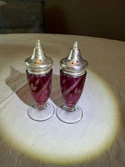 Sterling silver and Cranberry etched glass Salt & Pepper shakers