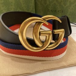 Gucci Black Blue Red White Belt Gold Buckle GG With Box