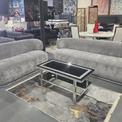 2 PIECE SOFA LOVESEAT GRAY BUCKLE VELVET