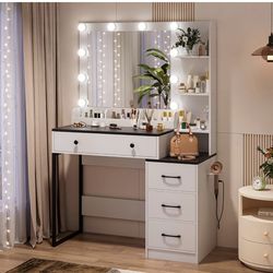 Vanity Desk with Lighted and Mirror, White Makeup Table with Drawers and Charging Station, 3 Model Adjustable for Bedroom & Dressing Room