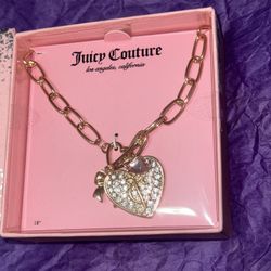 Juicy Couture Heart Charm Gold Tone Chain Necklace Rhinestone And Toggle 
