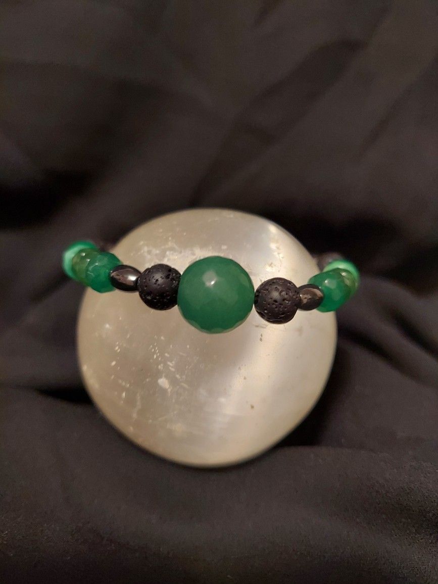 Emerald, Hematite, Black Lava Rock Crystal Bracelet