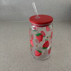 New Strawberry Mason Jar  With Straw