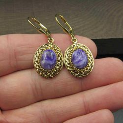 Sterling Silver Charoite Gold Plated Stone Earrings Vintage