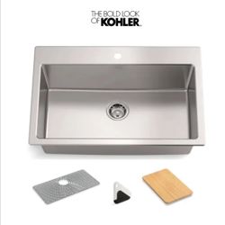 Kohler Bentham 33" Undermount Single Basin Stainless Steel Kitchen Sink with Basin Mat and Cutting Board