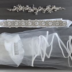 Bridal Accessories Set (head piece, belt + veil)