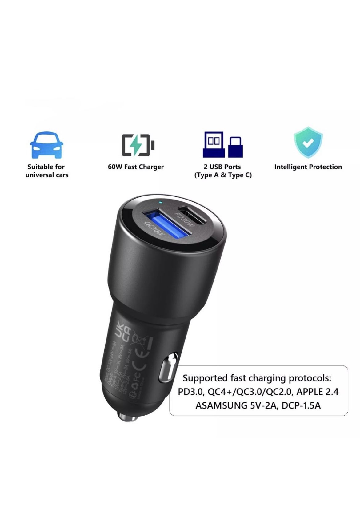 60W USB Type C QC3.0 Fast Charging Car Phone Charger