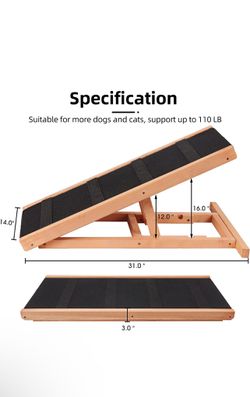 Wooden Height Adjustable Pet Ramp for Dogs and Cats, 2 Layers from 12 - 16 inch with Non Slip Carpet Surface and 4 Self-Adhesive Anti-Skid Mat, Foldab Thumbnail