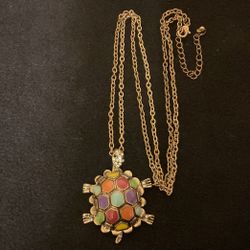 30” Vintage Goldtone Chain Necklace With Multi-colored Turtle Pendant With Clear Crystals …