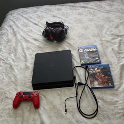 PS4 Comes With PS4 Red Controller Comes With Controller Charger Comes With Headphones Comes With Games Like Hello Neighbor, GTA, Fc24