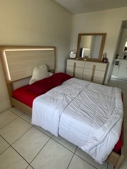 Queen bed frame, vanity and mirror