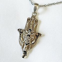 925 Sterling Silver Elephant Hamsa Hand Lotus Pendant Necklace 18-20" Cable