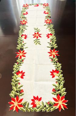 Christmas Poinsettia Embroidered Table Runner