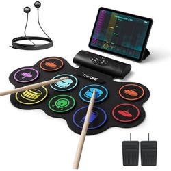 Electronic Drum Set with 9 Pads NIB!The ONE Roll Up Drum Kit with Headphones, Built-in Speaker, Drum Sticks, Pedals, Support Bluetooth MIDI/Rec.
