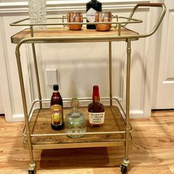 Gold and Wood Wheeled Bar Cart