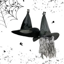 2 Halloween Costume Witch Hats (One With Gray Hair Attached)
