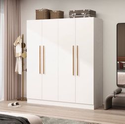 63" Modern White/Gray Manufactured Wood Armoire Storag e Cabin et, Large Wardrobe Family Close t with Hanging Ro ds
