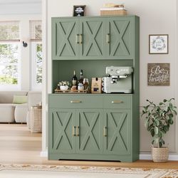71" Pantry Cabinet with Charging Station, Tall Kitchen Pantry Storage Cabinet with Microwave Stand, Farmhouse Kitchen Hut