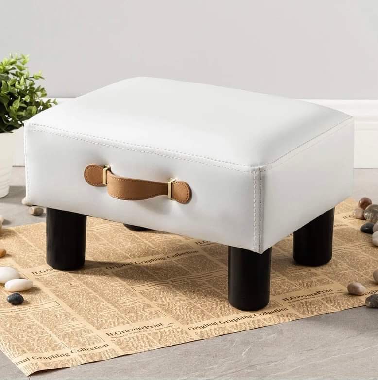 Small Foot Stool with Handle, White PU Leather Short Foot Stool Rest, Rectangle Storage Foot Stools Ottoman with Plastic Legs, Padded Footstool Small