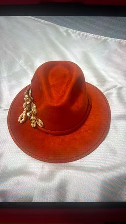 Rust Fedora Hat with Gold Pearl Embellishment