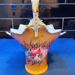 Stunning Vintage Porcelain Decorative Basket With Floral Hand Painting 