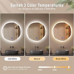 Bathroom smart mirror with three-color LED lights, 24”x24 round bathroom mirror,