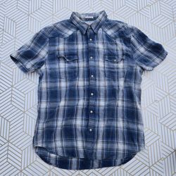 Lucky Brand Men's Handcrafted California Fit Size Large Blue White Black Plaid Button-Up Shirt Retro Y2K