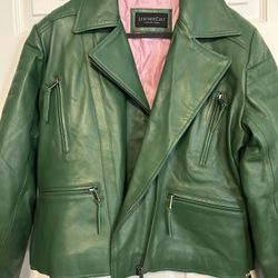 Green Leather  Jacket With Pink Quilted Lining-NWOT