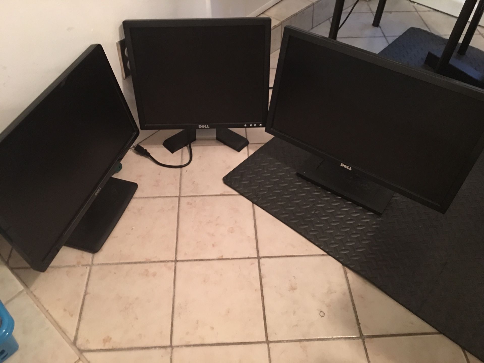 3 computer monitors 1-16” and 2-21”