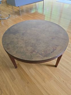 Vintage MCM 36” Round Brass-Tone Patinated Metal Coffee Table