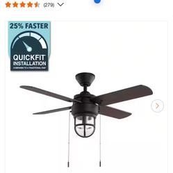 Hampton Bay Cedar Lake 44 in. Indoor/Outdoor LED Matte Black Damp Rated Ceiling Fan with Light Kit, Downrod and 4 Reversible Blades