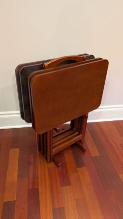 Solid Wood Mid-Century MCM Style TV folding Tray Set (4 Tables + Stand)