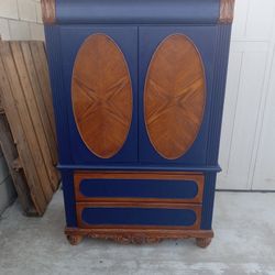 Antique Retro Armoire Storage Cabinet Dresser Two Toned Wood & Blue