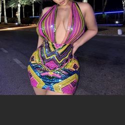 Pink Multicolored Sequin Halter Dress