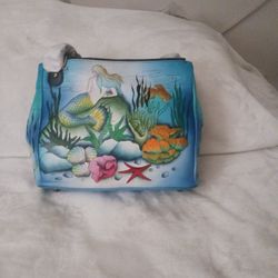 Women's Anuschka Leather With Hand Painted "Little Mermaid" Cross Body Hand Bag