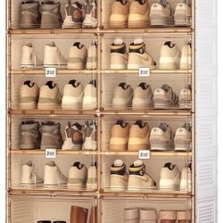 Portable Shoe Rack Organizer for Closet Entryway, Stackable Sneaker Storage Shoe Cabinet with Magnetic Clear Door, Large Plastic Storage containers Bi