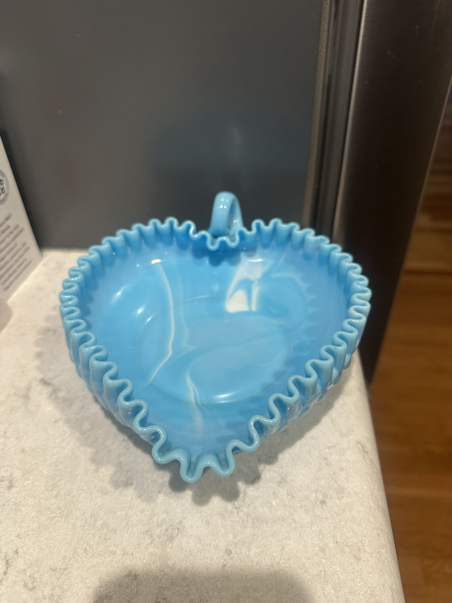 Vintage Fenton Blue/White Slag Hobnail Heart Shaped Dish