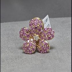 Modern pave puff DIAMOND PINK SAPPHIRE 14K yellow gold flower ring