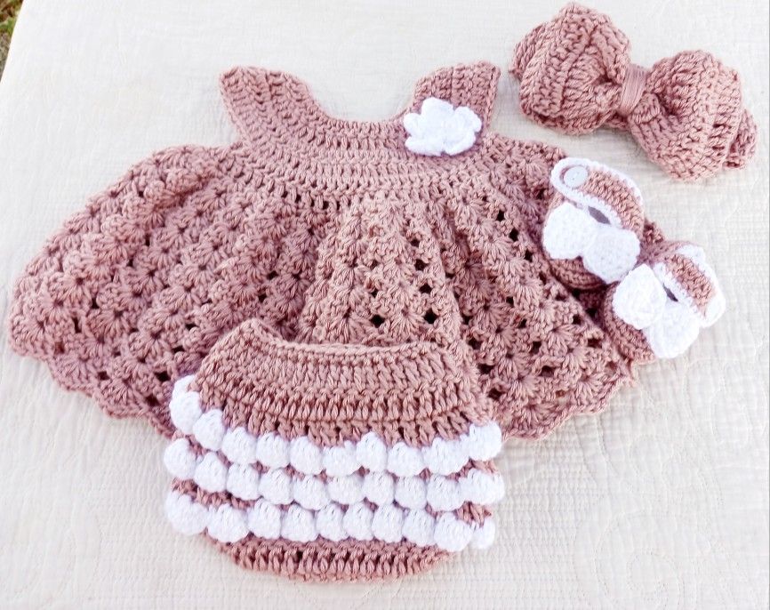 Crochet Baby Girl Victorian Rose And White Heirloom Dress Set Photo Prop