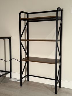 Book shelf, rack, and a small desk