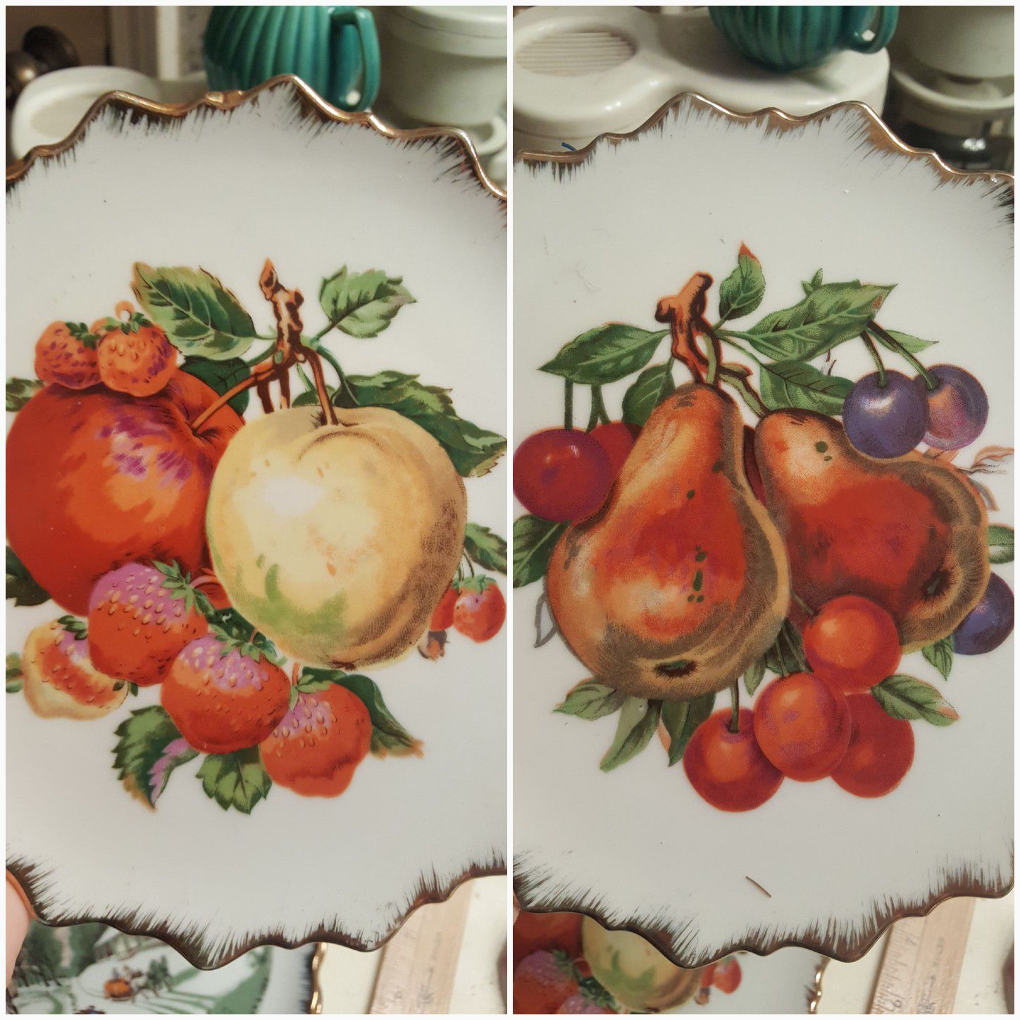 Set of 2 - Vintage 7" Fruit Plates * Gold Scalloped Edge * Decorative