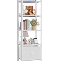 White 4 Tier Bookshelf with Drawer, Small Narrow Bookcase with Shelves, Moder...
