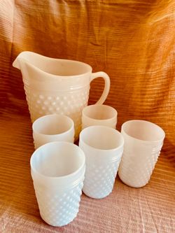 Vintage hobnail milk glass pitcher and cups