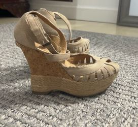 Beige Suede Cork Wedge Sandals