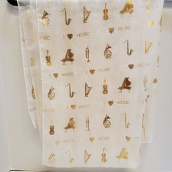 Vintage 1997 White Scarf With Metalic Gold/ Silver Musical Instruments Print. Made in Korea 20" X 59"