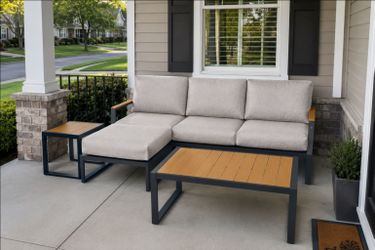 Outdoor Wood Grain + Aluminum Sofa/Lounger Conversation Set + 3 Stools