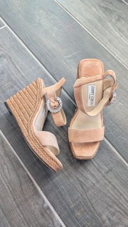 Jimmy Choo Beige Suede Maribelle 110 Wedge Heel Sandals Size 37 6.5 Nude